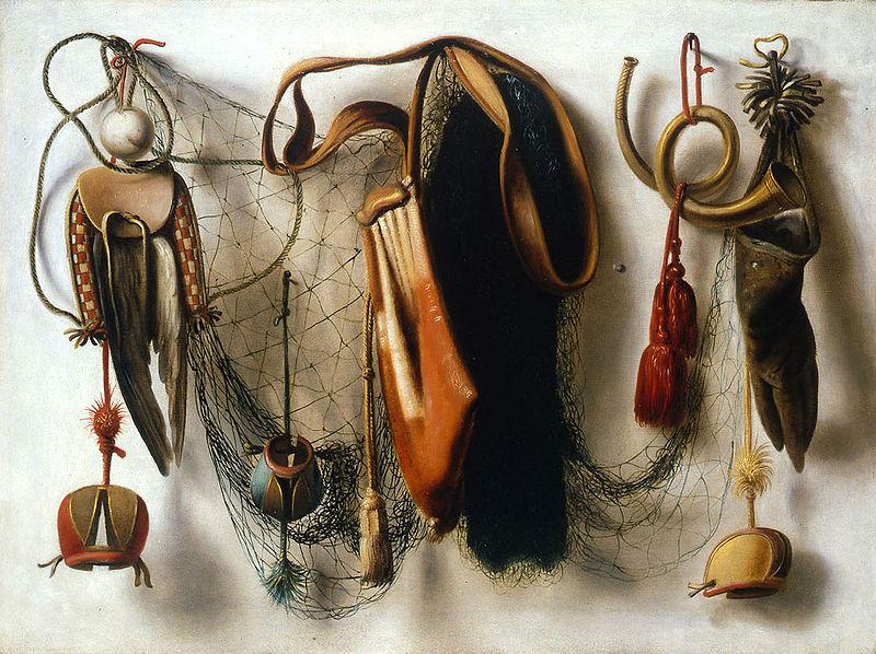 Christoffel Pierson A Trompe l'Oeil of Hawking Equipment, including a Glove, a Net and Falconry Hoods, hanging on a Wall. oil painting picture